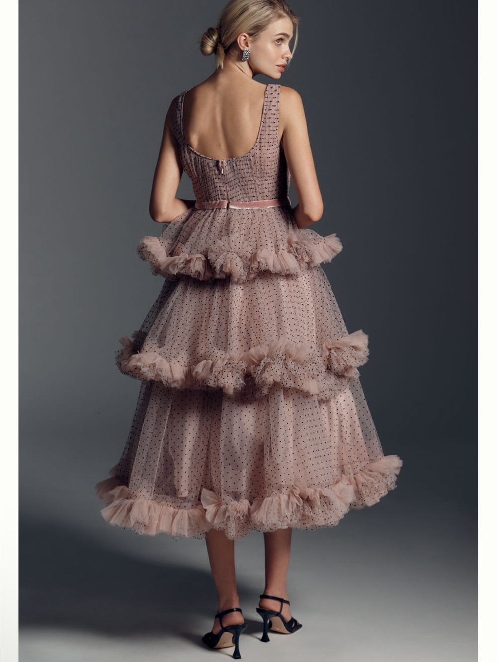 Mac Duggal 20776 Blush Black Polka Dot Tiered Ruffle Dress Anthropologie - Picture 4 of 14